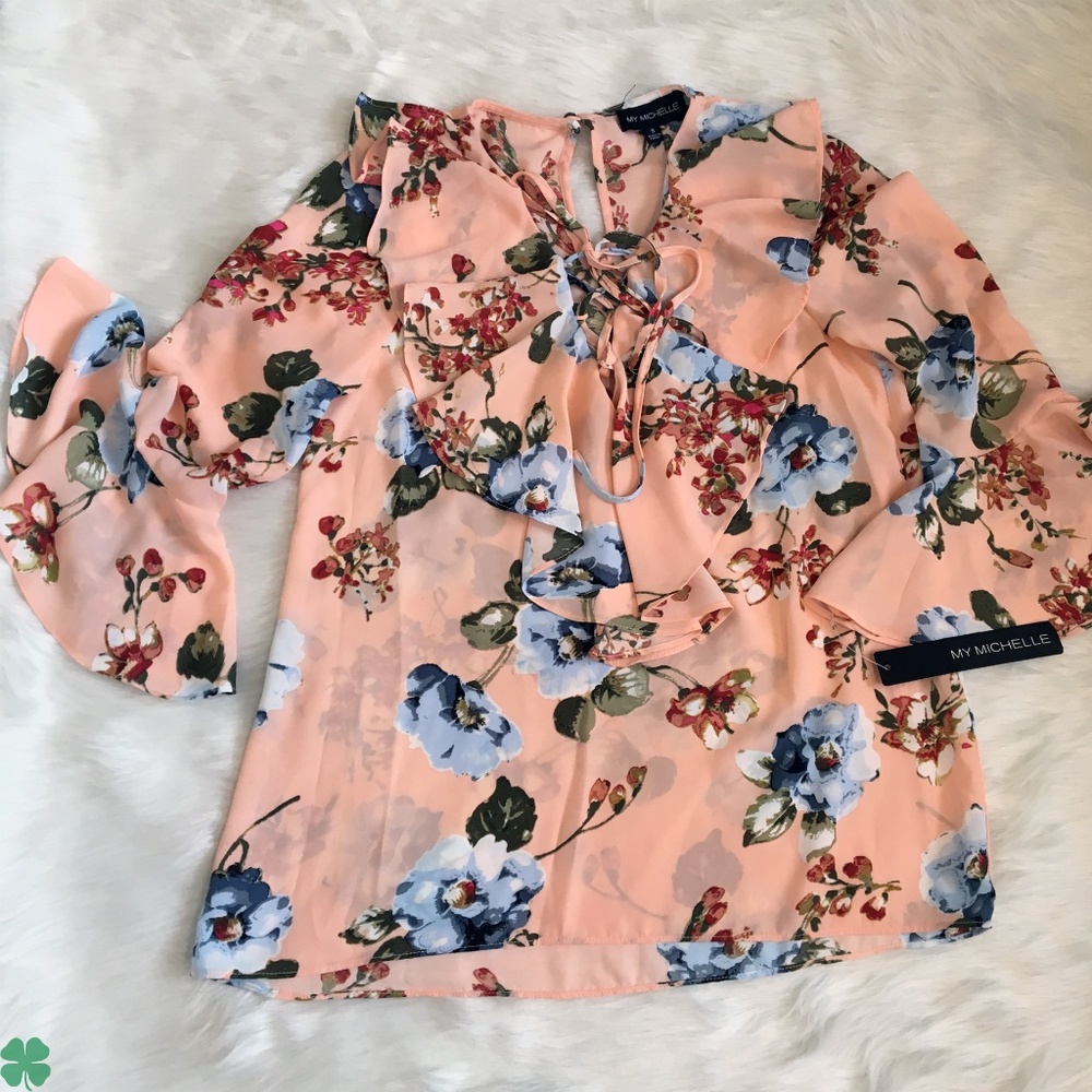 NWT My Michelle Peach 3/4 Sleeves Ruffled Blouse - Picture 3 of 9